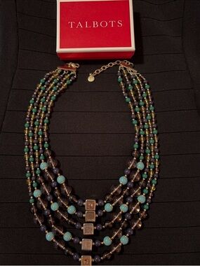 New Talbots Layered 5-Strand Navy, Turquoise & Gold Beaded Necklace
